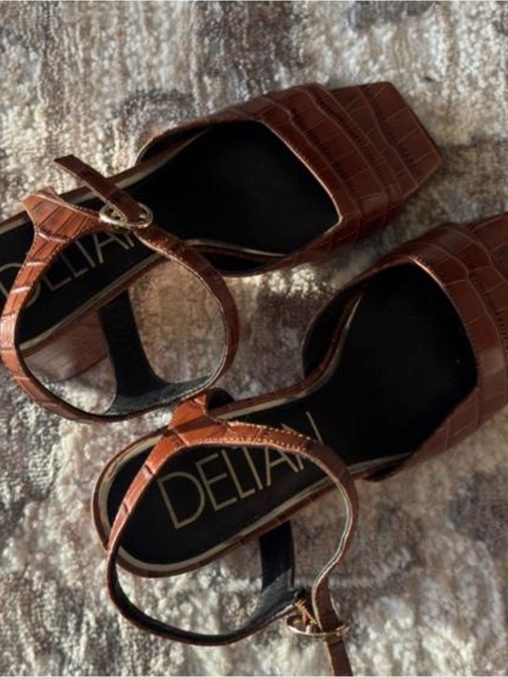 DELIAH Brown Croc-Embossed Square-Toe Ankle Strap Heels